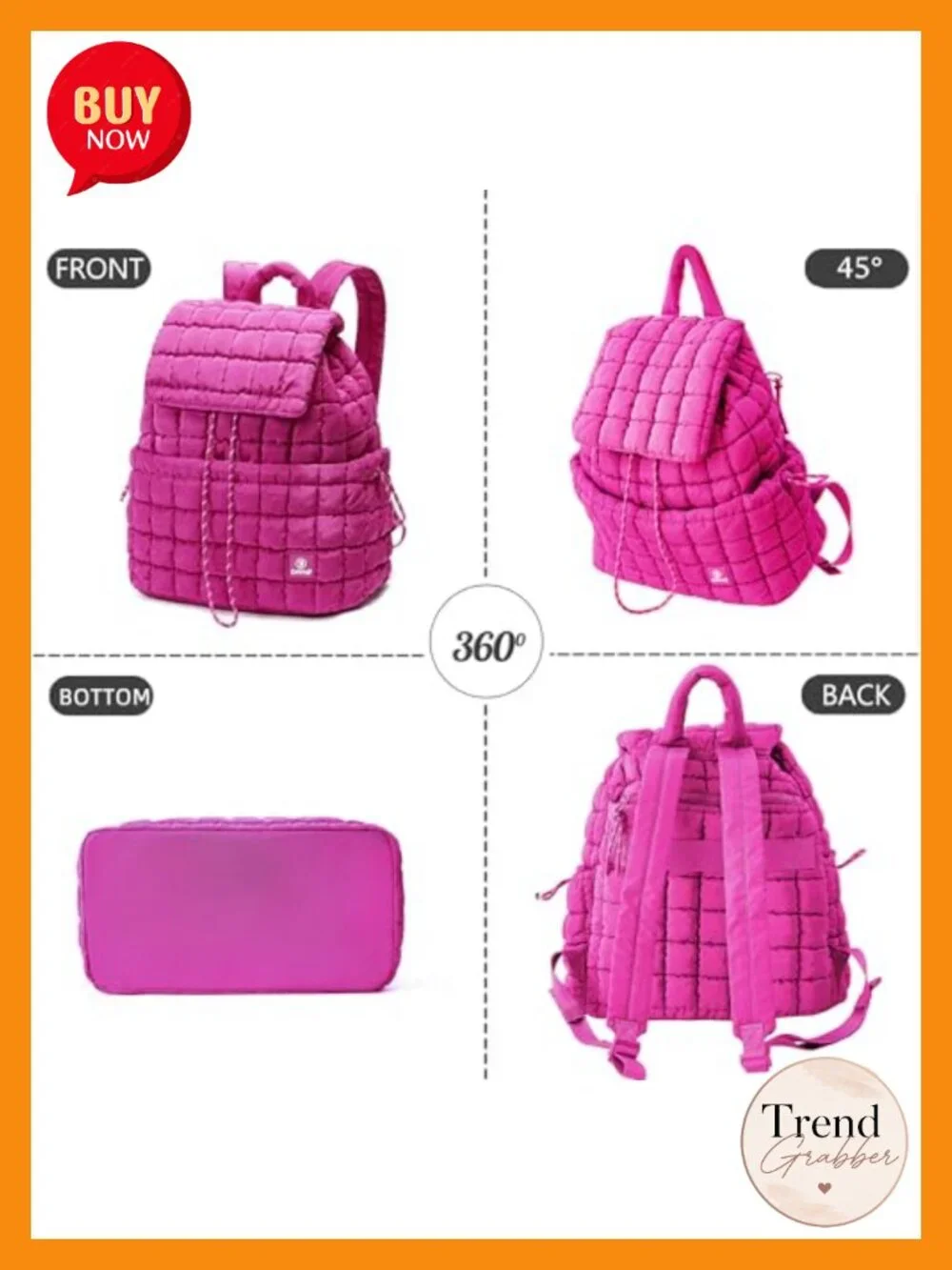 Quilted Backpack for Women, Lightweight Nylon Travel Gym Bag, Drawstring Puffer